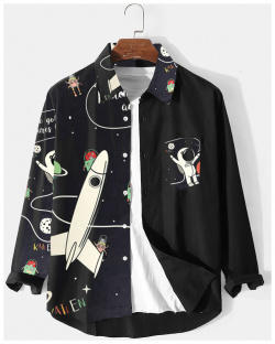 Chemises à manches longues revers avec imprimé de vaisseau spatial dastronaute dessin animé pour hommes  hiver newchic