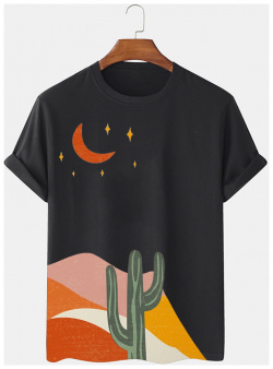 T shirts à manches courtes et col rond pour hommes  peinture de cactus du désert hiver newchic