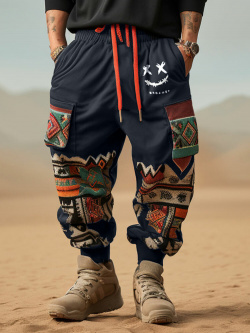 Pantalon ample à cordon de serrage en patchwork imprimé géométrique ethnique pour hommes newchic