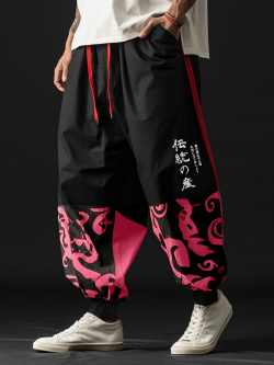 Pantalon ample à taille avec cordon de serrage pour hommes  imprimé japonais patchwork newchic