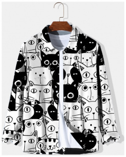 Chemises à manches longues boutonnées pour hommes avec impression de chat dessin animé Allover hiver newchic