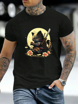 T shirt à manches courtes et col rond pour homme  motif floral chat japonais hiver newchic