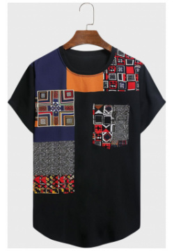 T shirts à manches courtes ourlet incurvé en patchwork de blocs couleurs géométriques ethniques pour hommes newchic