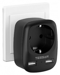 Сетевой фильтр TESSAN TS 611 DE с кнопкой питания на 1 розетку и 2 USB  Black