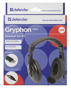 Гарнитура Defender Gryphon 750U USB  черный 1 8м кабель (63752) 63752