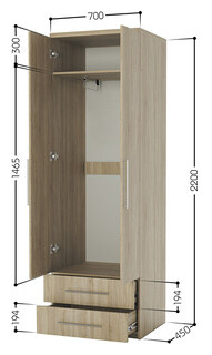 Шкаф для одежды с ящиками Шарм Дизайн Комфорт МШЯ 21 70х45 зеркалами  дуб сонома
