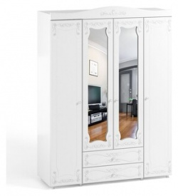 Шкаф четырехдверный ОЛМЕКО Италия ИТ 63 две зеркальные дверцы  с ящиками белое дерево OLMP002343