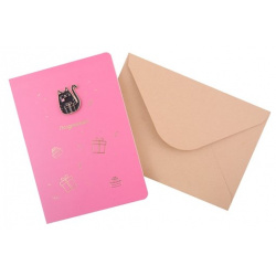 Открытка со значком Котик с подарком Поздравляю  (15х11) (конверт) (картон металл)