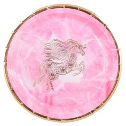Набор бумажных тарелок Единорог на розовом фоне с золотом (19см) (6шт) 