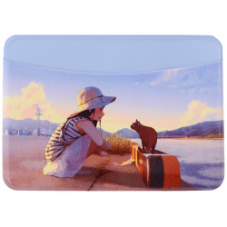Чехол для карточек горизонтальный Аниме Девушка с кошкой у реки (цветная) 
