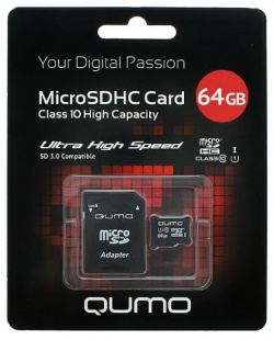 Карта памяти QUMO  MicroSDXC cl10 UHS I U1 3 0 64ГБ с адаптером