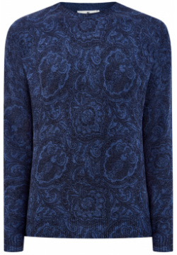 Шерстяной пуловер с узором в синей гамме ETRO Стильный мужской от