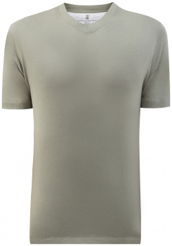 Однотонная футболка из хлопка и льна с V образным вырезом BRUNELLO CUCINELLI М