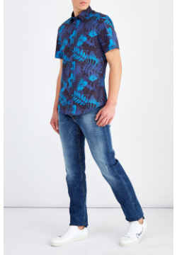 Рубашка с коротким рукавом и лиственным принтом из поплина stretch BIKKEMBERGS
