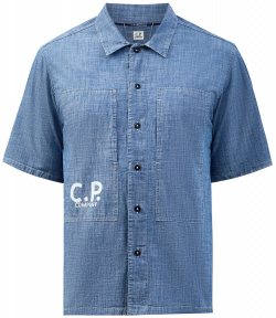 Рубашка из тонкого хлопкового денима Chambray с принтом C P COMPANY 