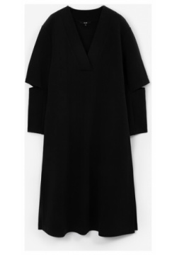 Платье прямое трикотажное с V образной горловиной и акцентными рукавами черное GLVR (L)