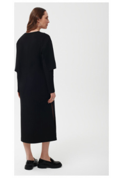 Платье прямое трикотажное с V образной горловиной и акцентными рукавами черное GLVR (S)