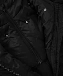 Пальто плащевое стёганое без воротника с отстегивающейся манишкой капюшоном черное для девочки Gulliver (134)