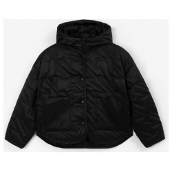 Куртка плащевая стёганая без воротника с отстегивающейся манишкой капюшоном черная для девочки Gulliver (152) 
