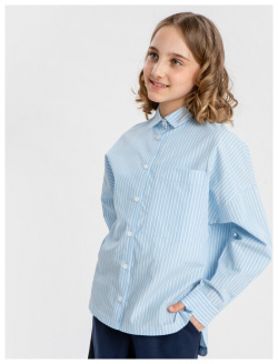 Блузка с накладным карманом в мелкую полоску голубая Button Blue (134) 