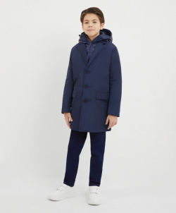 Пальто плащевое с отстегивающейся манишкой капюшоном синее для мальчика Gulliver 