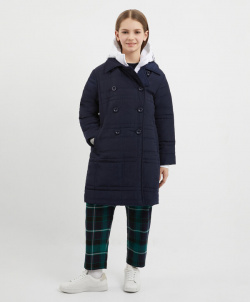 Пальто демисезонное из плащевой ткани с отстёгивающейся манишкой синее для девочки Gulliver (164) 