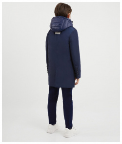 Пальто плащевое с отстегивающейся манишкой капюшоном синее для мальчика Gulliver (146)