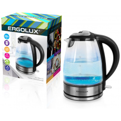 Чайник электрический Ergolux ELX KG04 C72 1 8 л черный  серебристый прозрачный 4895117892749