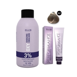 Ollin Professional Performance  Набор (Перманентная крем краска для волос оттенок 10/1 светлый блондин пепельный 60 мл + Окисляющая эмульсия Oxy 3% 90 мл) ЭХ99989420557