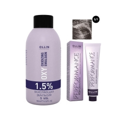 Ollin Professional Performance  Набор (Перманентная крем краска для волос оттенок 5/1 светлый шатен пепельный 60 мл + Окисляющая эмульсия Oxy 1 5% 90 мл) ЭХ99989420516