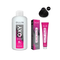 Ollin Professional Color  Набор (Перманентная крем краска для волос оттенок 1/0 иссиня черный 100 мл + Окисляющая эмульсия Oxy 6% 150 мл) ЭХ99989420091
