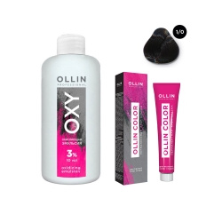Ollin Professional Color  Набор (Перманентная крем краска для волос оттенок 1/0 иссиня черный 100 мл + Окисляющая эмульсия Oxy 3% 150 мл) ЭХ99989420090