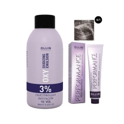 Ollin Professional Performance  Набор (Перманентная крем краска для волос оттенок 5/1 светлый шатен пепельный 60 мл + Окисляющая эмульсия Oxy 3% 90 мл) ЭХ99989420517