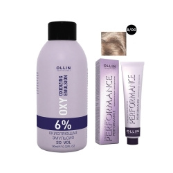 Ollin Professional Performance  Набор (Перманентная крем краска для волос оттенок 8/00 светло русый глубокий 60 мл + Окисляющая эмульсия Oxy 6% 90 мл) ЭХ99989420530