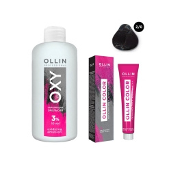 Ollin Professional Color  Набор "Перманентная крем краска для волос оттенок 2/0 черный 100 мл + Окисляющая эмульсия Oxy 3% 150 мл" ЭХ99989420093