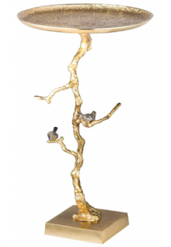 Столик приставной Glasar золотистого цвета с золотыми птичками на ветке 43x43x71 см 