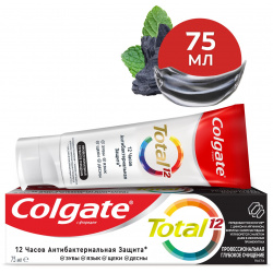 Зубная паста Colgate Total 12 Профессиональная Глубокое Очищение с древесным углем  а также цинком и аргинином для антибактериальной защиты всей полости рта в течение часов 75 мл