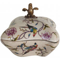 Шкатулка Glasar бежевая с бронзовой птичкой на крышке и цветочным декором 15x15x13 см 