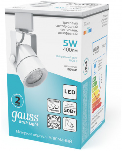 Трековый однофазный светильник Gauss LED  4000К 400 Лм цвет белый форма цилиндр 5Вт 55X76X145мм