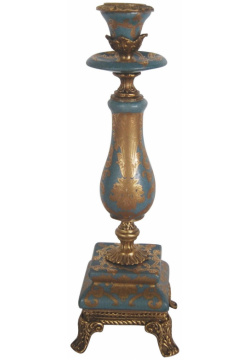 Подсвечник Glasar синий с золотым декором  7х7х23 см Уникальное изделие ручной
