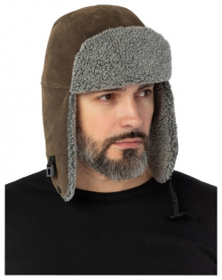 Зимняя шапка ушанка KATRAN ТУР (Экокожа  коричневая с серым мехом)