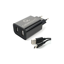 Сетевое з/у + DАТА кабель Cablexpert MP3A PC 37 USB 2 порта  4A черный 1м Type C