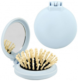 Расческа для волос с зеркалом LADY PINK деревянными зубчиками голубая 