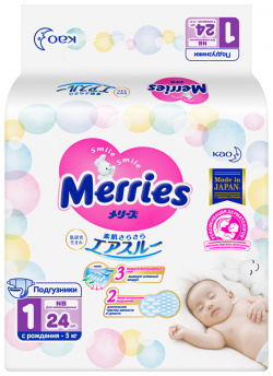 Подгузники MERRIES для новорожденных  5 кг 24 шт