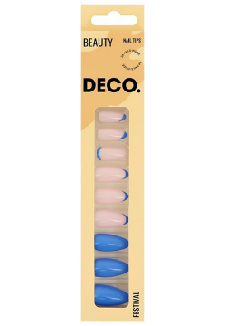 Набор накладных ногтей с клеевыми стикерами DECO  BEAUTY festival blue pinky 24 шт + клеевые стикеры