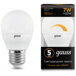 Светодиодная лампа Gauss Шар 7W 560Lm 3000K E27 105102107 D 
