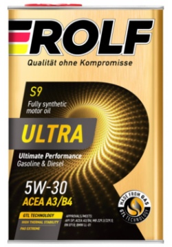 Синтетическое моторное масло Rolf Ultra S9 5W 30 A3/B4 SP  4л металл 9378078 П