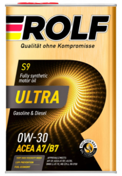 Синтетическое моторное масло Rolf Ultra 0W 30 A7/B7 SP 4л металл  9375336