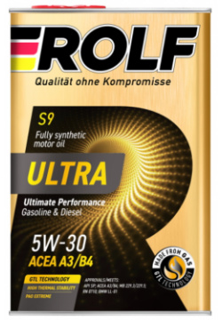 Синтетическое моторное масло Rolf Ultra S9 5W 30 A3/B4 SP 1л металл  9378076
