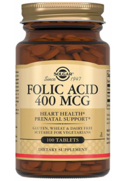 Фолиевая кислота  400 мгк 100 таблеток Solgar витамин группы